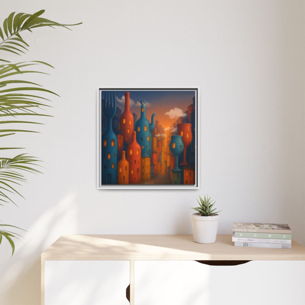 Metropolis of Bottled Souls – Surreal Cityscape Framed Canvas — Colorful Bottle-Building Wall Art