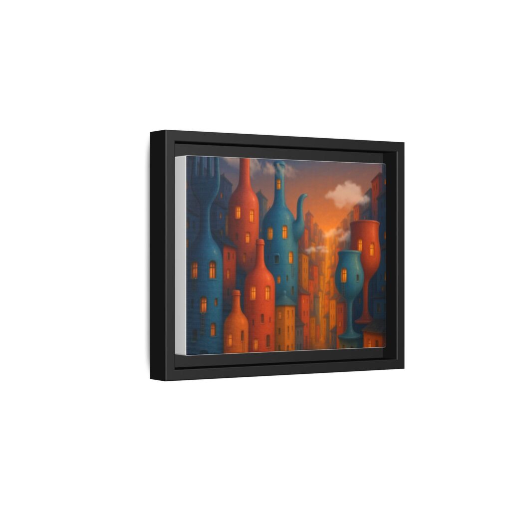 Metropolis of Bottled Souls – Surreal Cityscape Framed Canvas — Colorful Bottle-Building Wall Art