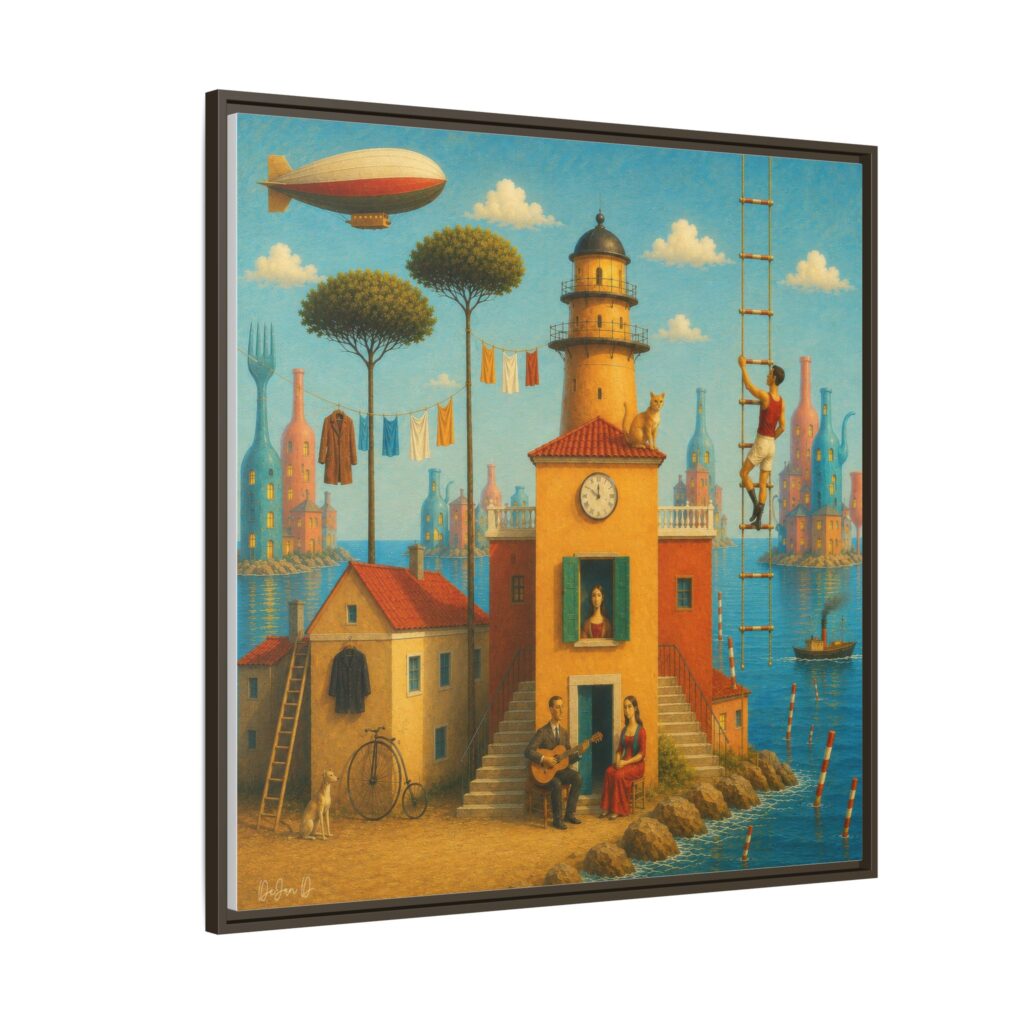 Surreal Coastal Lighthouse Matte Framed Canvas Print