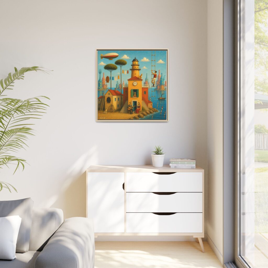 Surreal Coastal Lighthouse Matte Framed Canvas Print