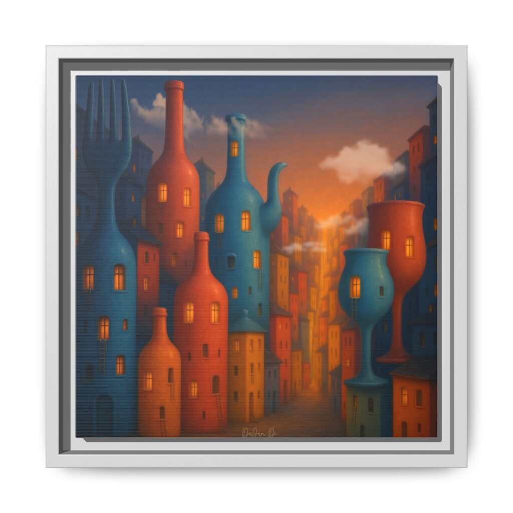 Metropolis of Bottled Souls – Surreal Cityscape Framed Canvas — Colorful Bottle-Building Wall Art