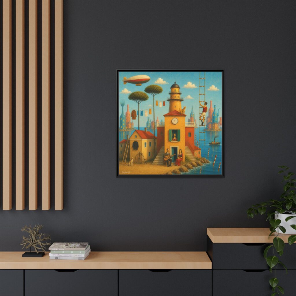 Surreal Coastal Lighthouse Matte Framed Canvas Print