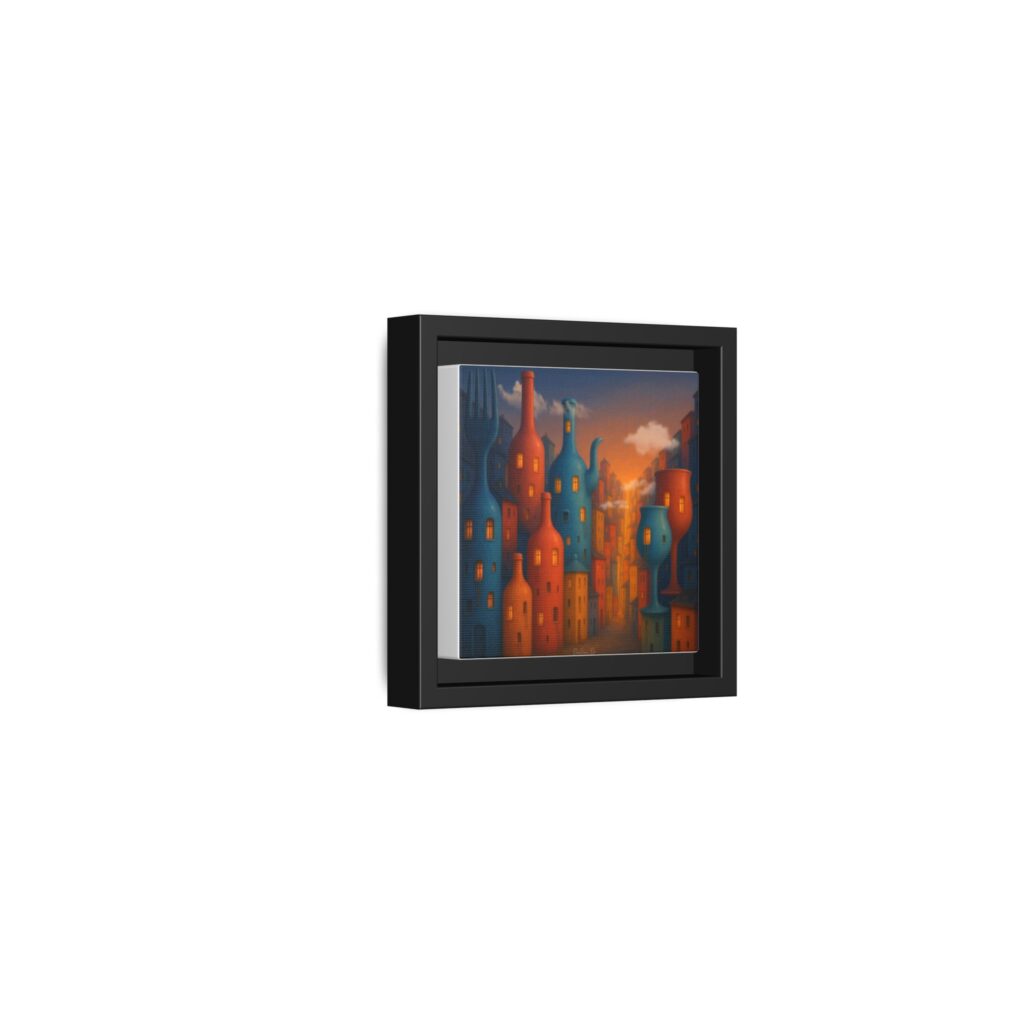 Metropolis of Bottled Souls – Surreal Cityscape Framed Canvas — Colorful Bottle-Building Wall Art