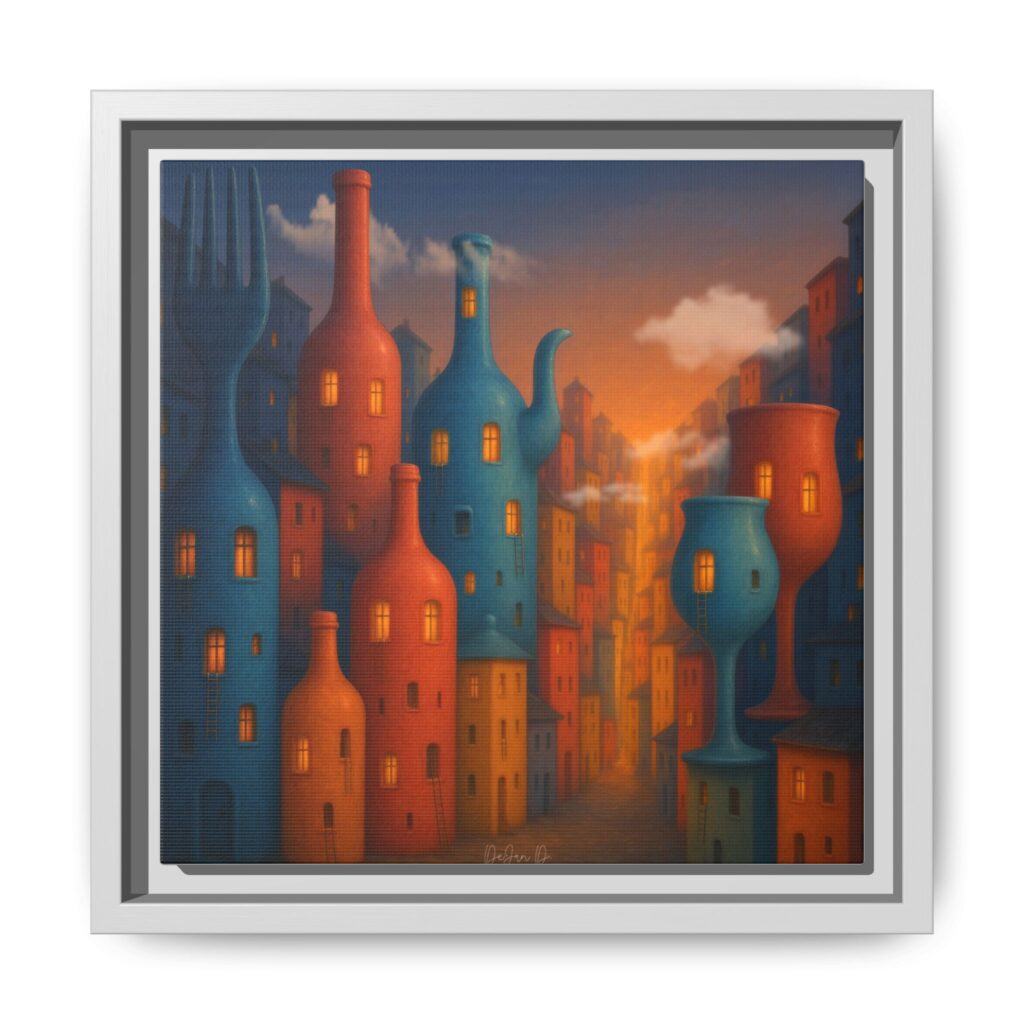 Metropolis of Bottled Souls – Surreal Cityscape Framed Canvas — Colorful Bottle-Building Wall Art