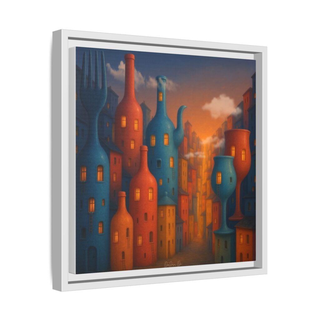 Metropolis of Bottled Souls – Surreal Cityscape Framed Canvas — Colorful Bottle-Building Wall Art