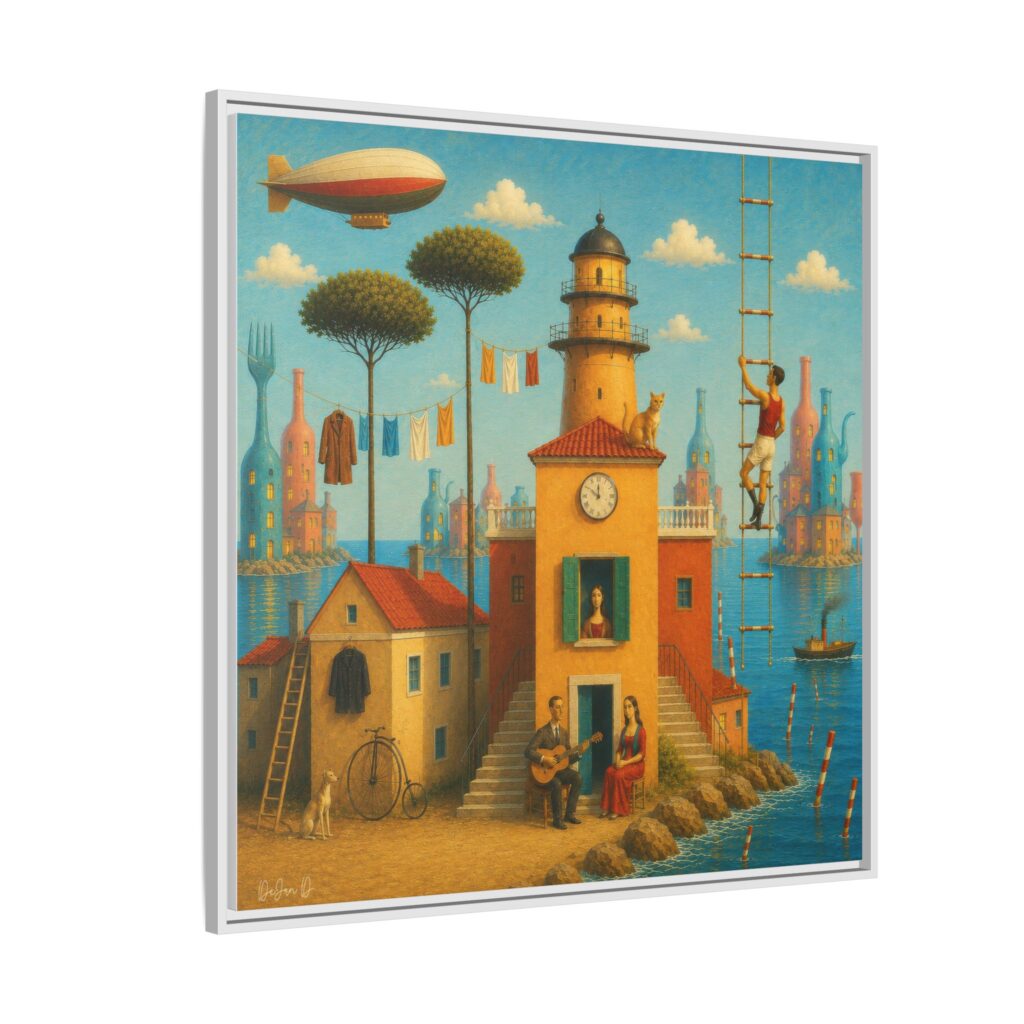 Surreal Coastal Lighthouse Matte Framed Canvas Print