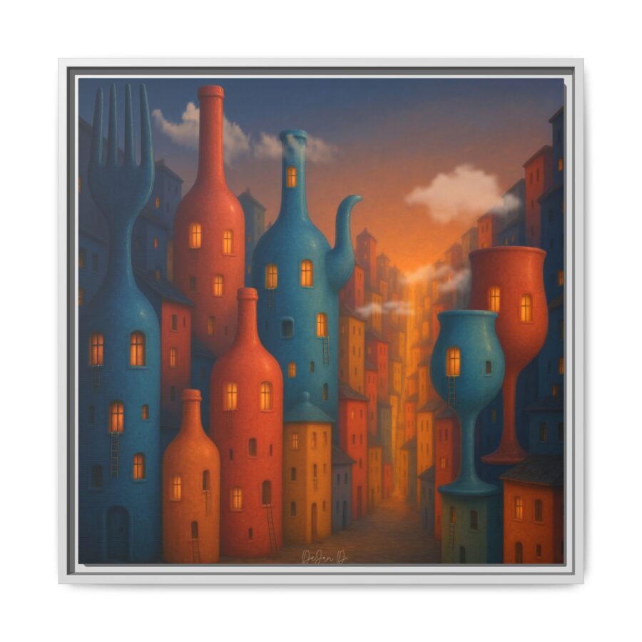 Metropolis of Bottled Souls - Surreal Cityscape Framed Canvas — Colorful Bottle-Building Wall Art