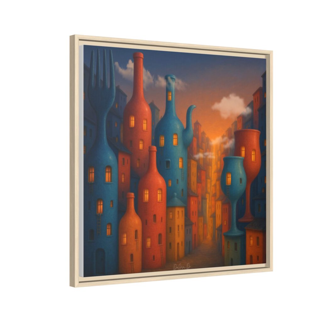 Metropolis of Bottled Souls – Surreal Cityscape Framed Canvas — Colorful Bottle-Building Wall Art