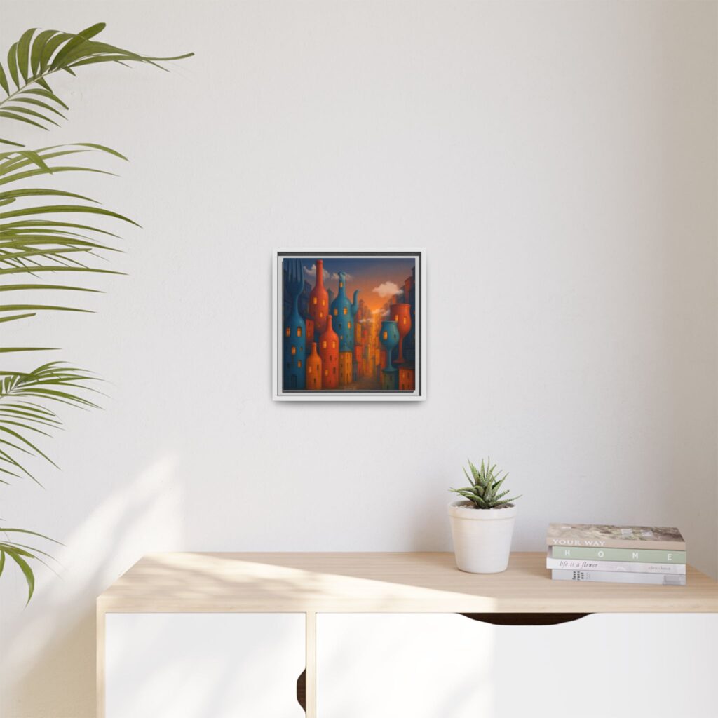 Metropolis of Bottled Souls – Surreal Cityscape Framed Canvas — Colorful Bottle-Building Wall Art