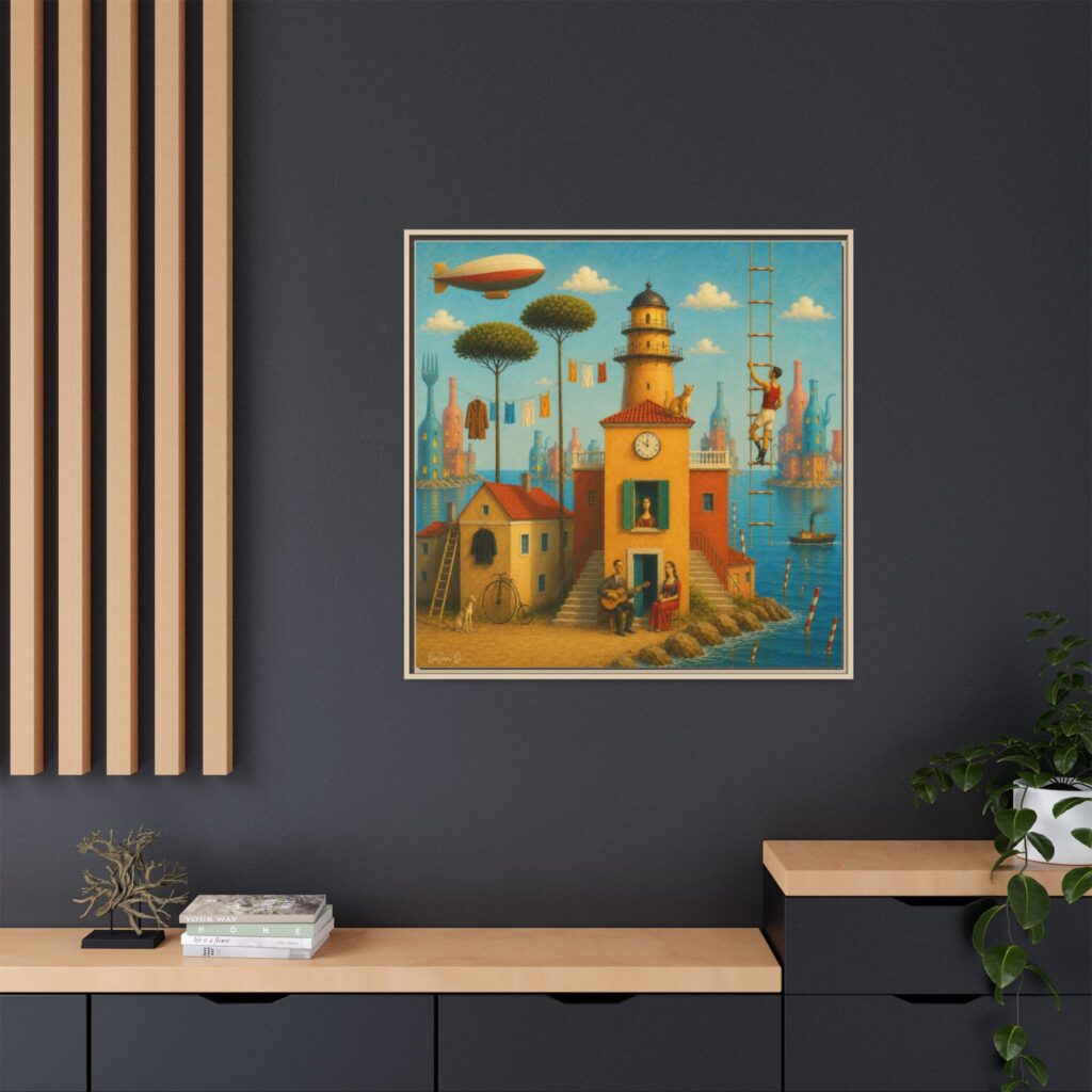 Surreal Coastal Lighthouse Matte Framed Canvas Print