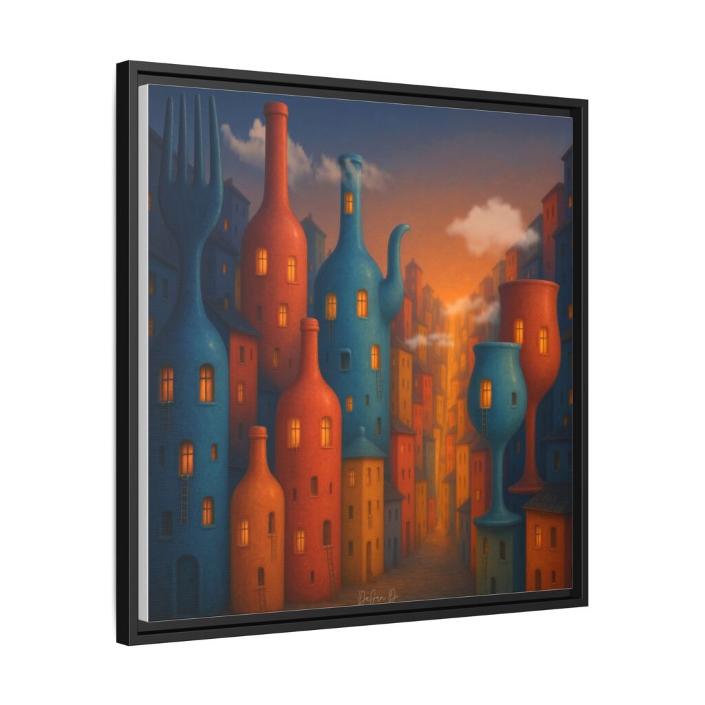 Metropolis of Bottled Souls – Surreal Cityscape Framed Canvas — Colorful Bottle-Building Wall Art