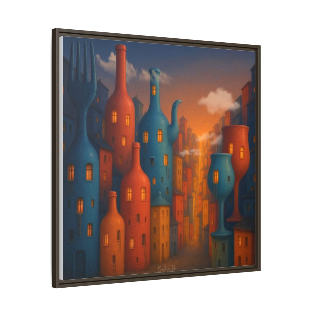 Metropolis of Bottled Souls – Surreal Cityscape Framed Canvas — Colorful Bottle-Building Wall Art