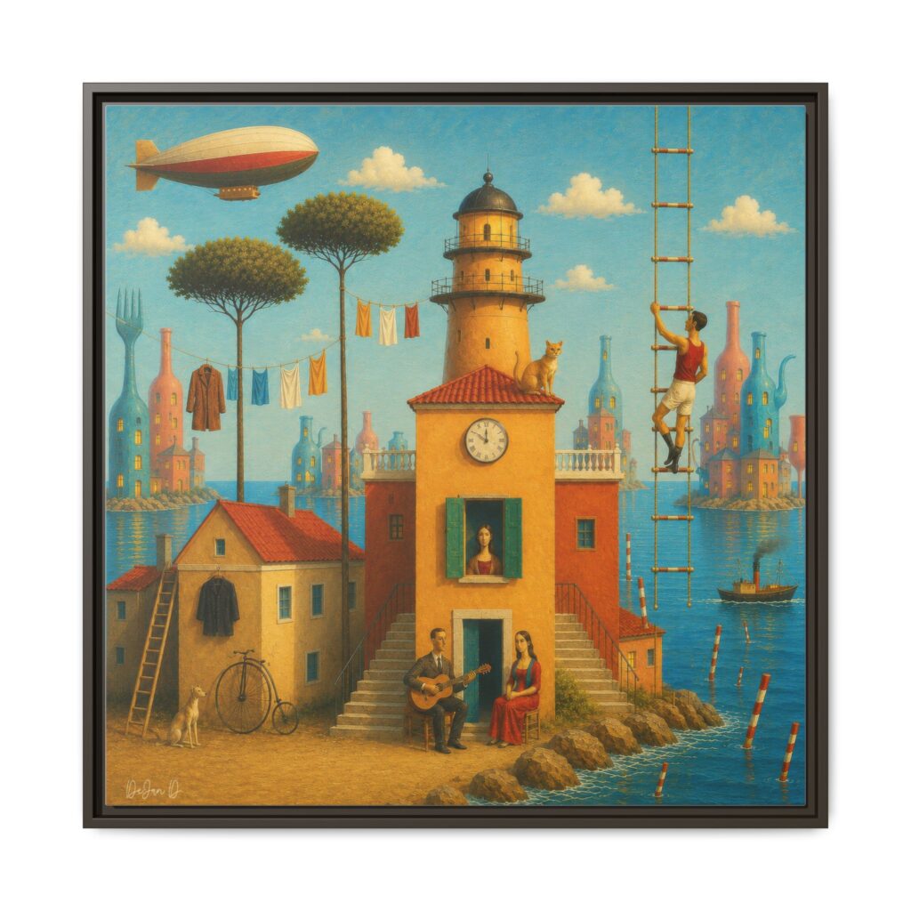Surreal Coastal Lighthouse Matte Framed Canvas Print