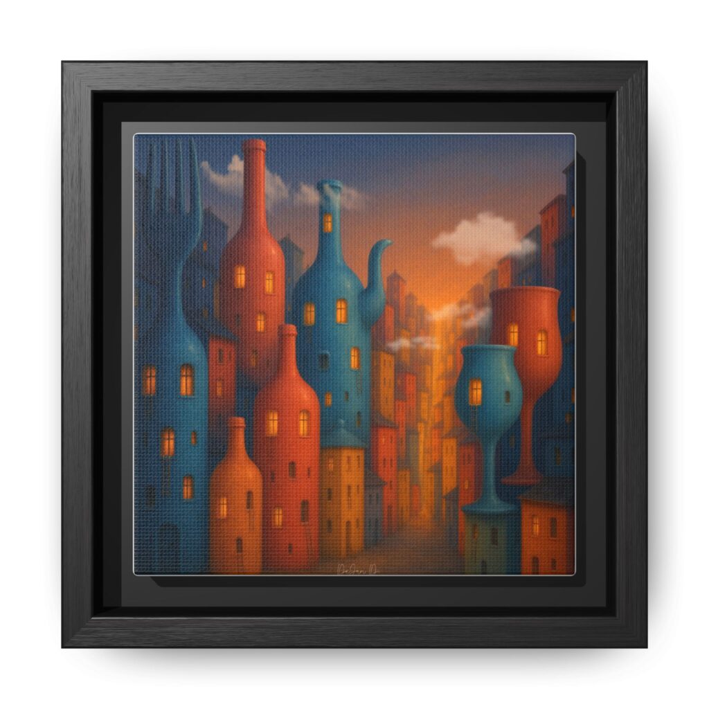Metropolis of Bottled Souls – Surreal Cityscape Framed Canvas — Colorful Bottle-Building Wall Art