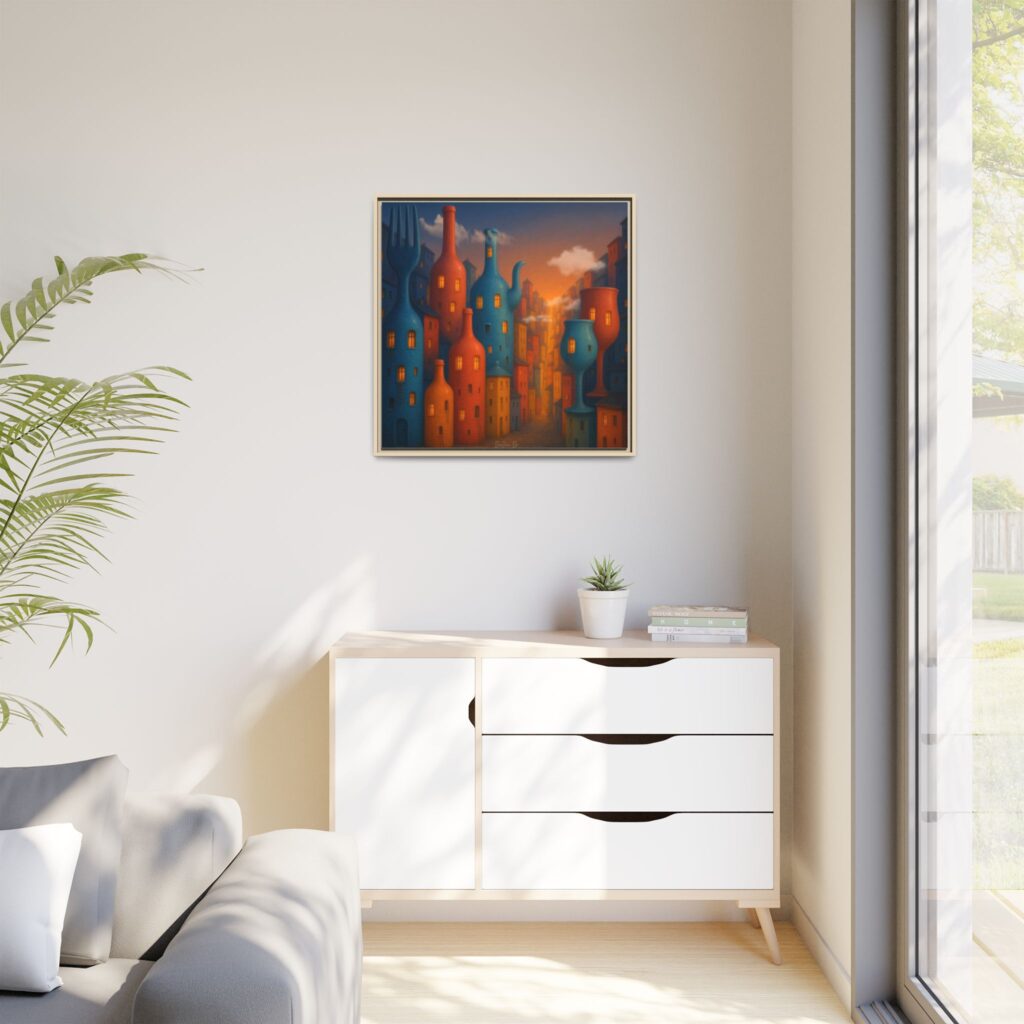 Metropolis of Bottled Souls – Surreal Cityscape Framed Canvas — Colorful Bottle-Building Wall Art