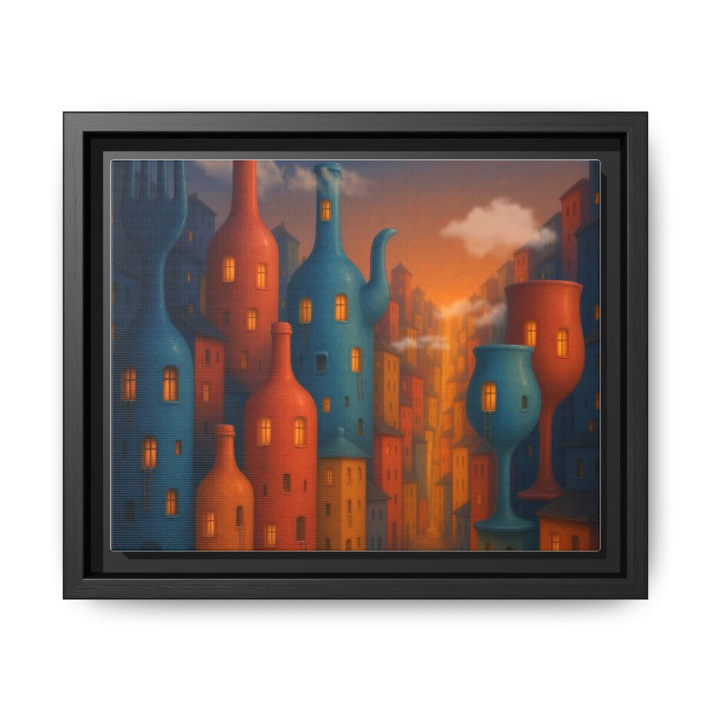 Metropolis of Bottled Souls – Surreal Cityscape Framed Canvas — Colorful Bottle-Building Wall Art