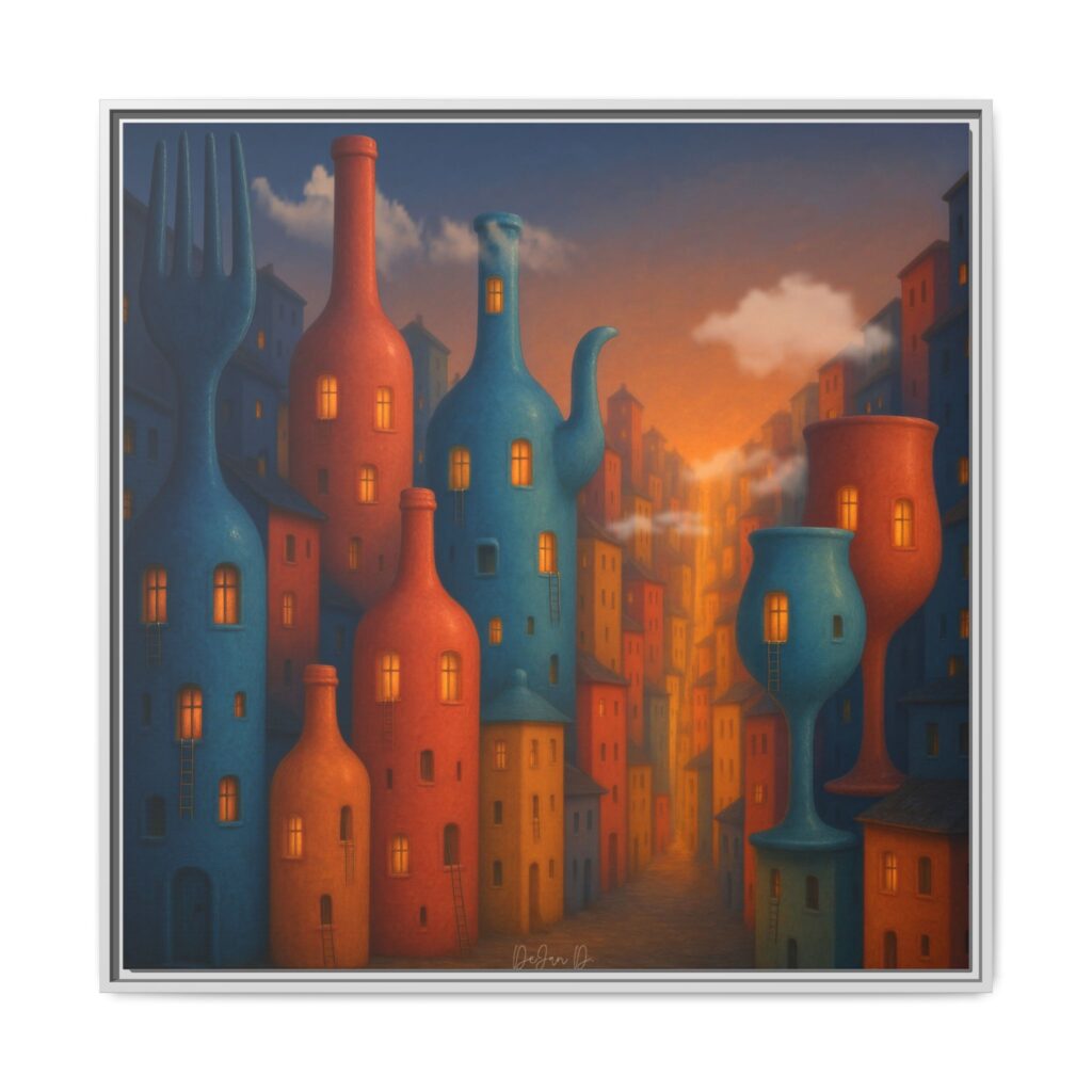 Metropolis of Bottled Souls – Surreal Cityscape Framed Canvas — Colorful Bottle-Building Wall Art
