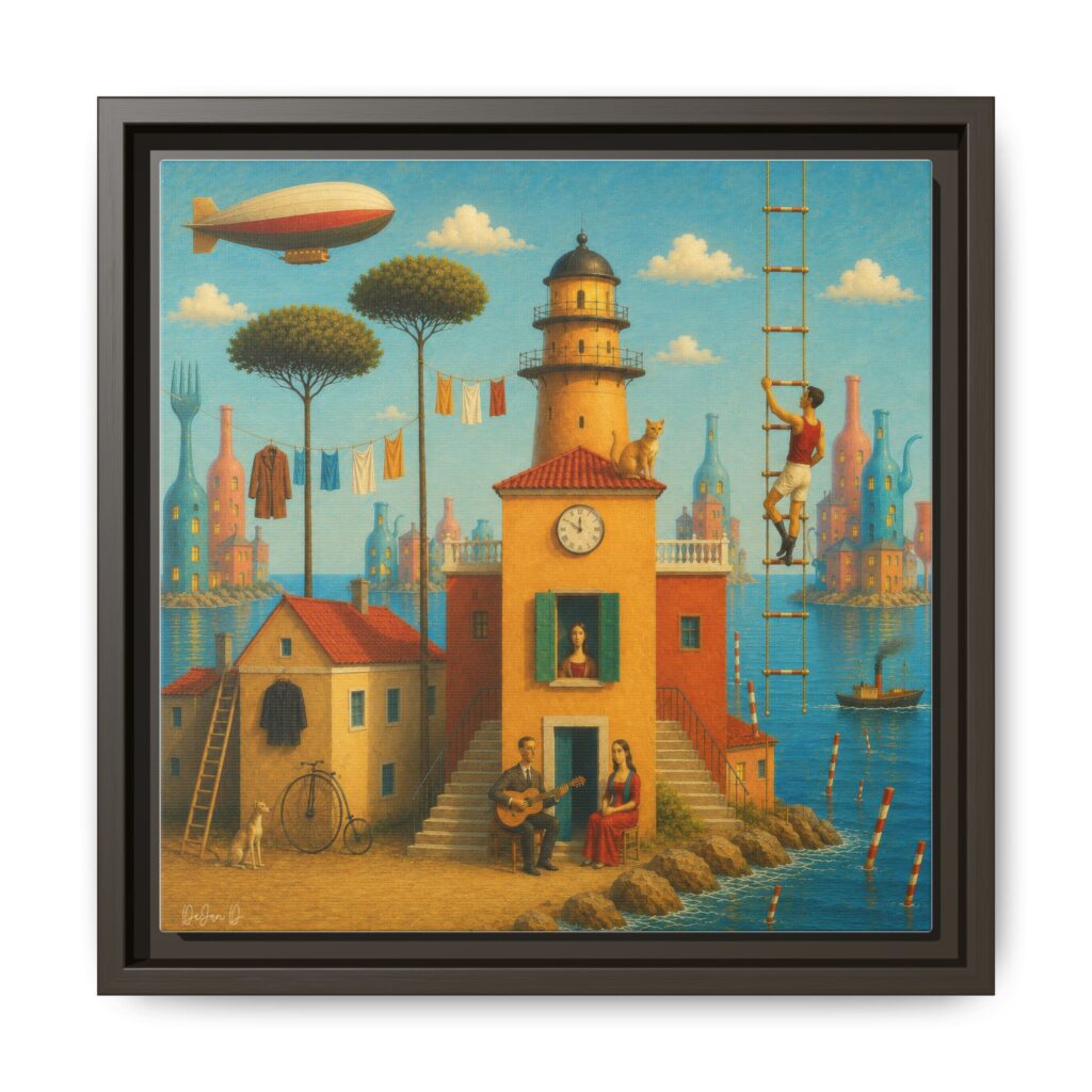 Surreal Coastal Lighthouse Matte Framed Canvas Print