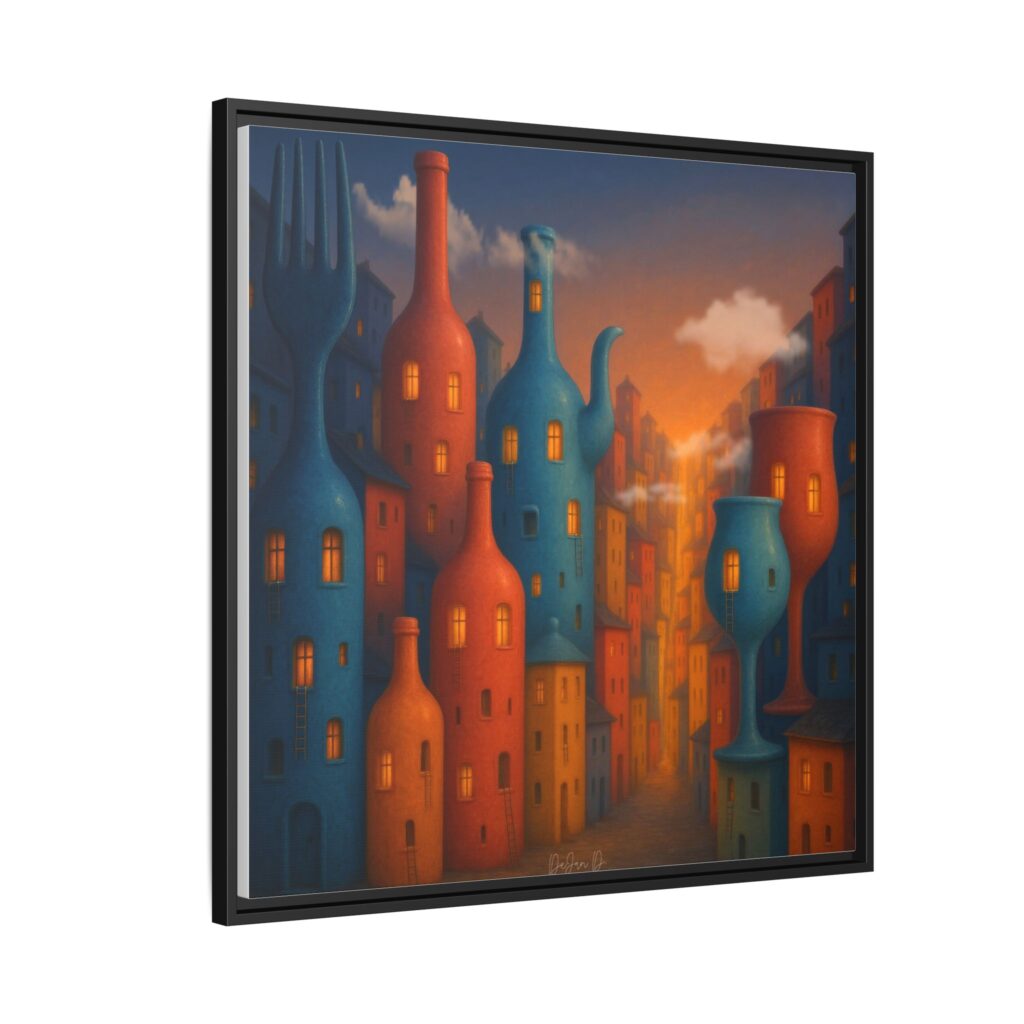 Metropolis of Bottled Souls – Surreal Cityscape Framed Canvas — Colorful Bottle-Building Wall Art