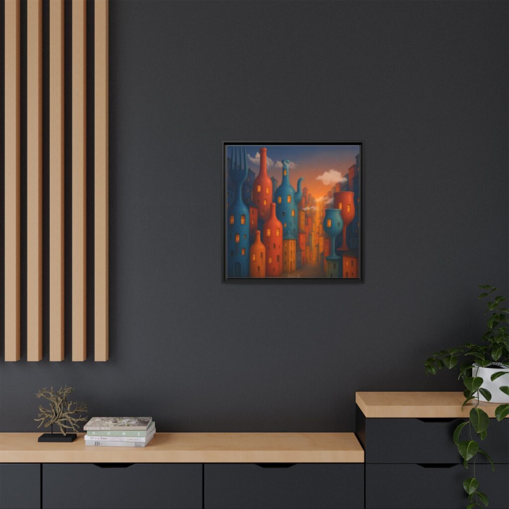 Metropolis of Bottled Souls – Surreal Cityscape Framed Canvas — Colorful Bottle-Building Wall Art